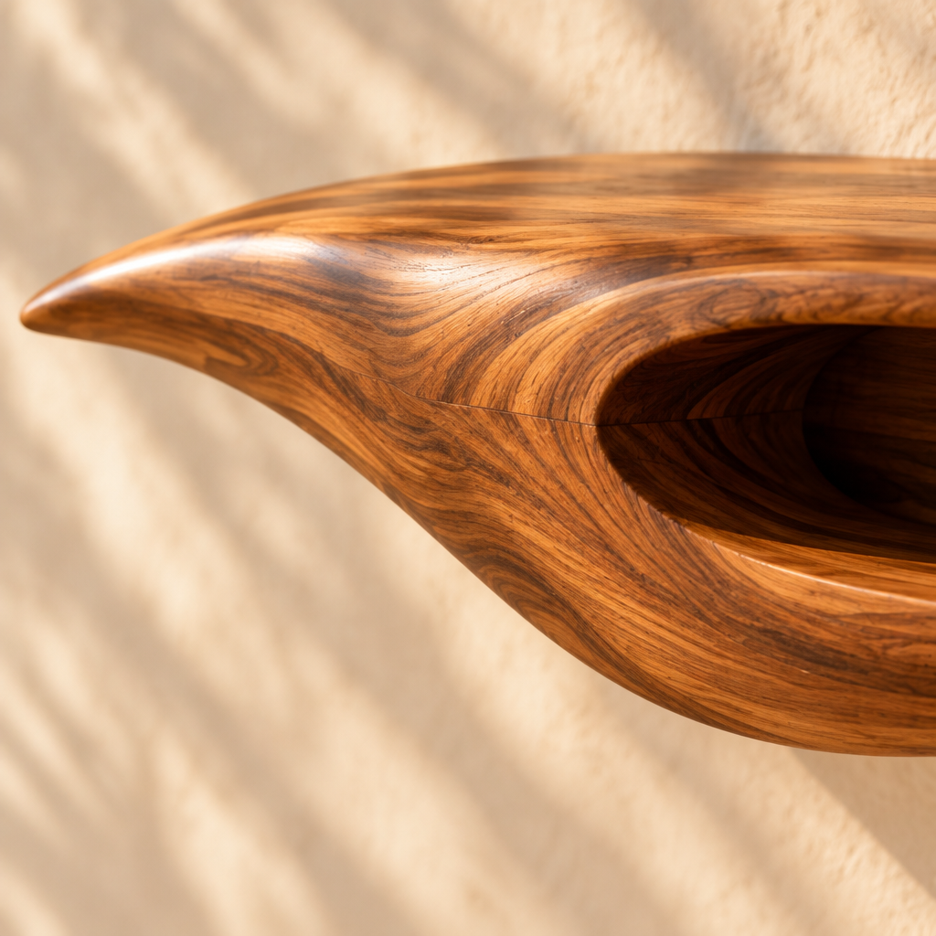 Solana Manta Floating Media Console teak grain close-up