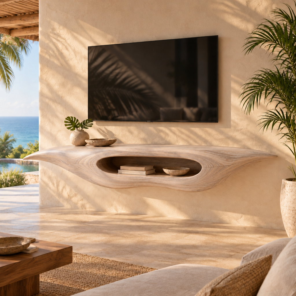 Solana Manta Floating Media Console in Whitewashed Teak finish