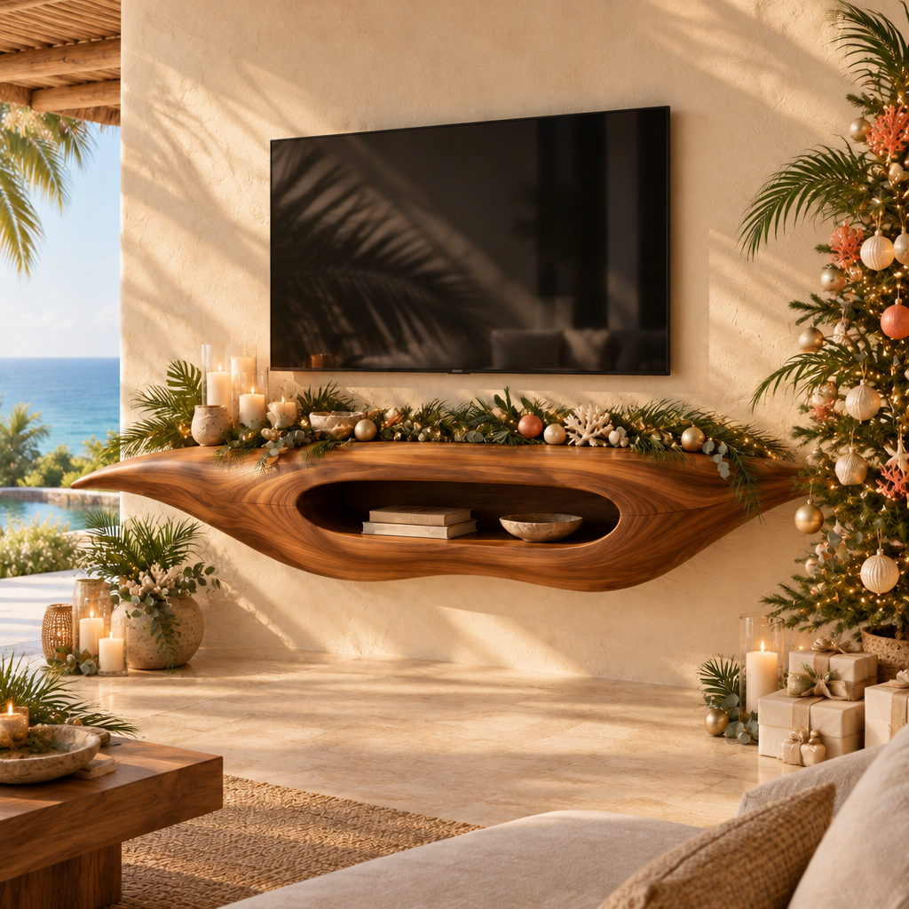 Solana Manta Floating Media Console styled for the holidays