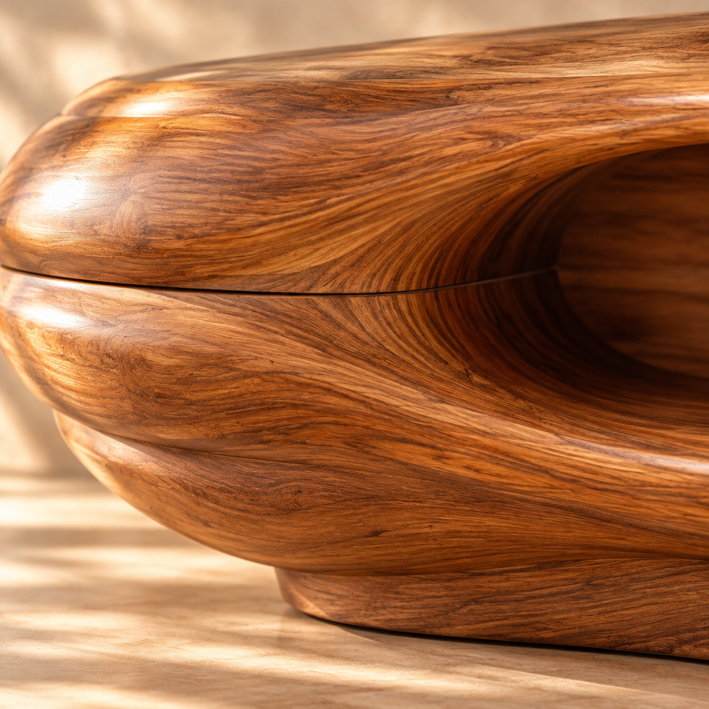 Solana Clamshell Media Console teak grain close-up