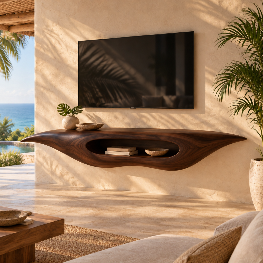 Solana Manta Floating Media Console in Dark Teak finish