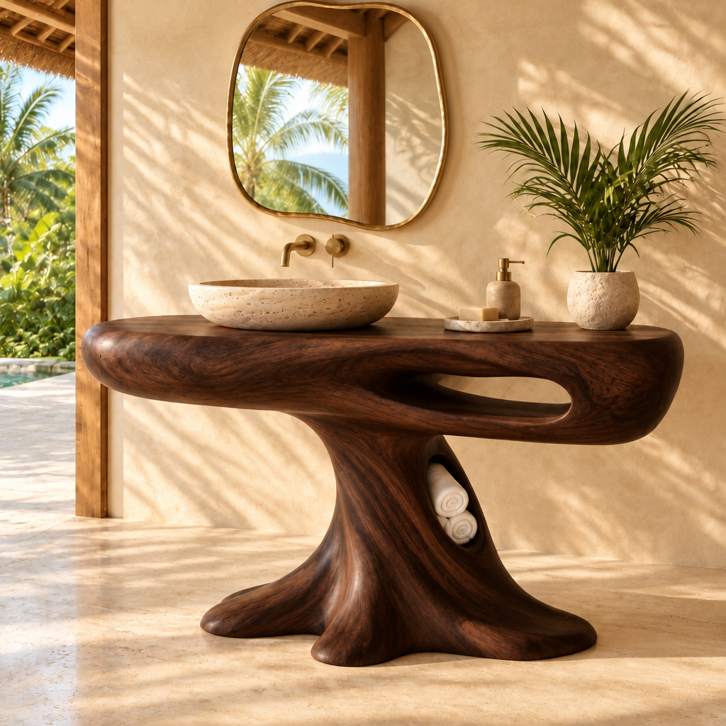 Solana Palm-Root Pedestal Vanity in Dark Teak finish