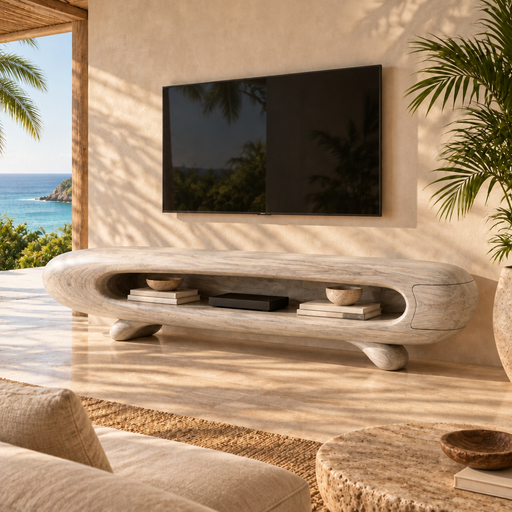 Solana Seed-Pod Media Console in Whitewashed Teak finish