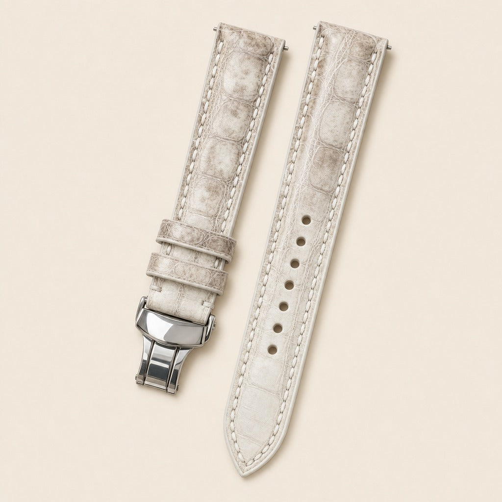 Himalayan White Alligator Leather Watch Strap leather watch strap, flat lay