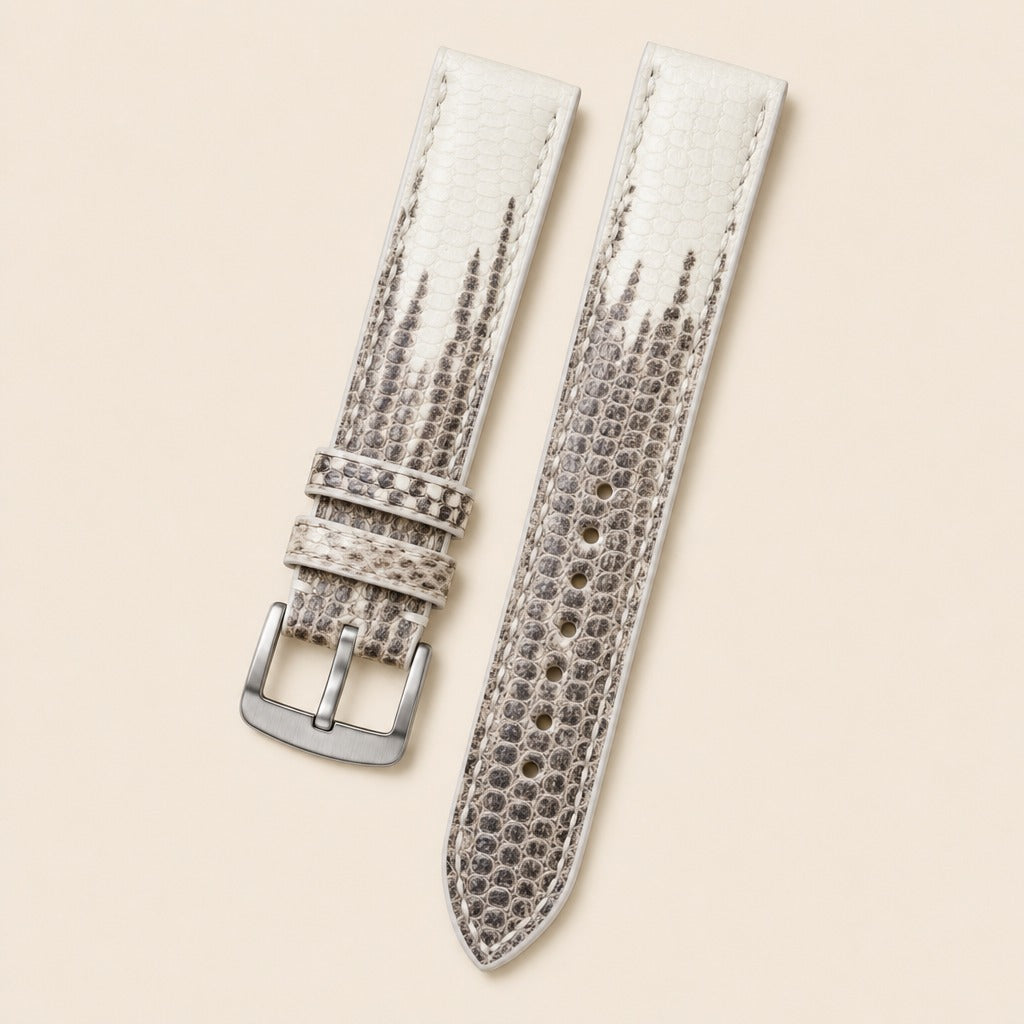 Himalayan White Lizard Leather Watch Strap leather watch strap, flat lay