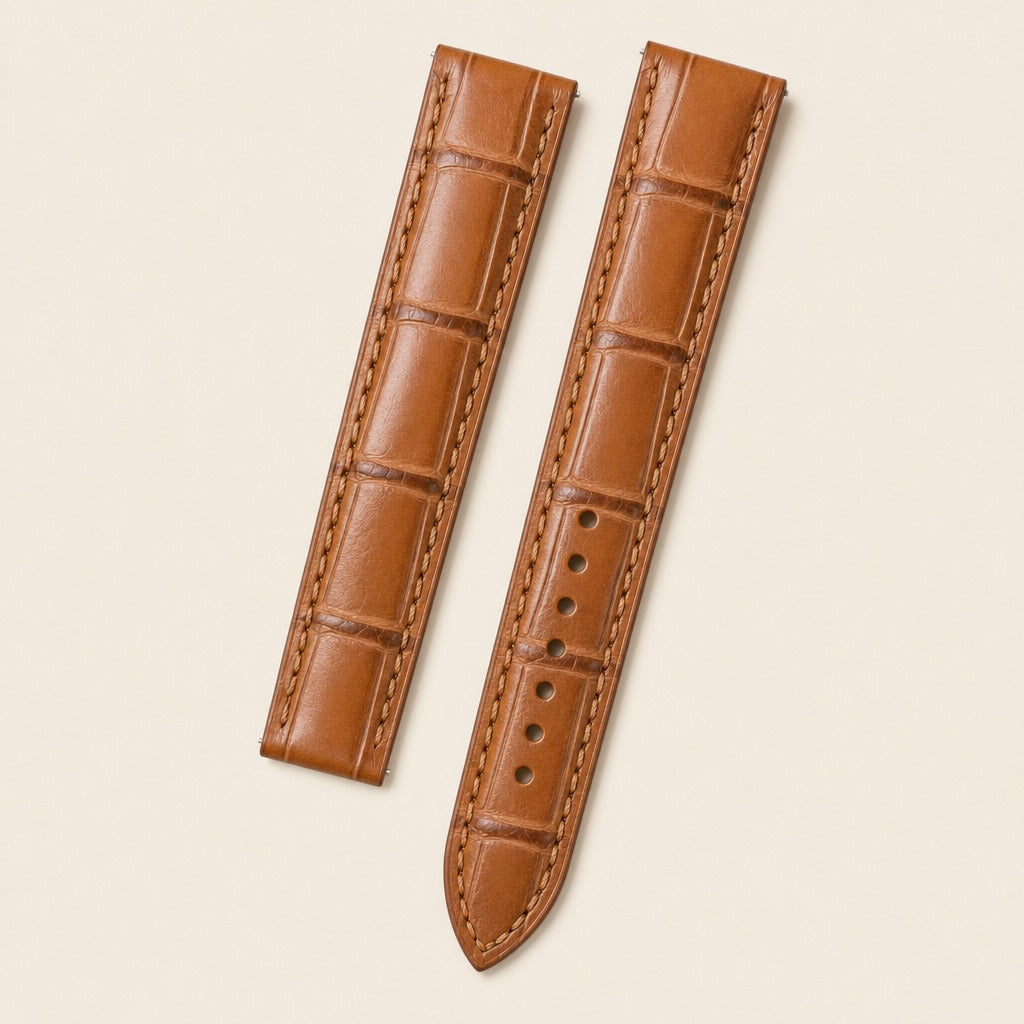 Honey Brown Alligator Leather Watch Strap leather watch strap, flat lay