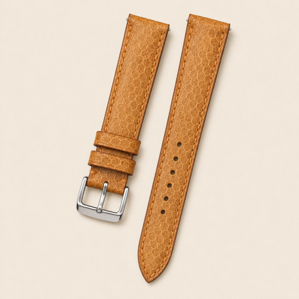 Honey Brown Sea Snake Leather Watch Strap leather watch strap, flat lay