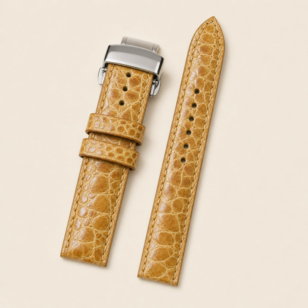 Honey Ostrich Leg Leather Watch Strap leather watch strap, flat lay