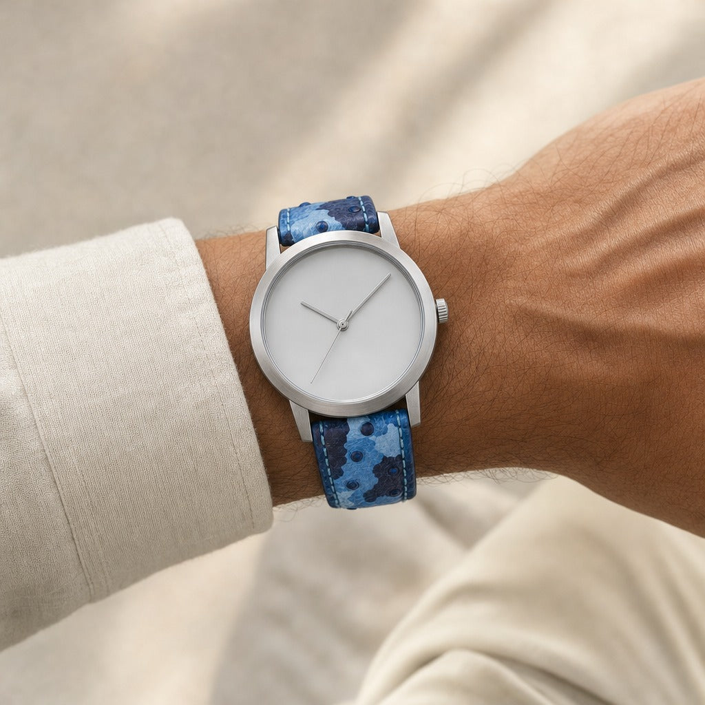 Sky Blue Navy Camo Ostrich Leather Watch Strap worn on the wrist