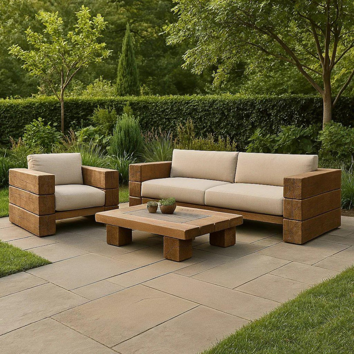 Rustic Solid Wood Outdoor Sofa Set for Garden and Patio Lounging
