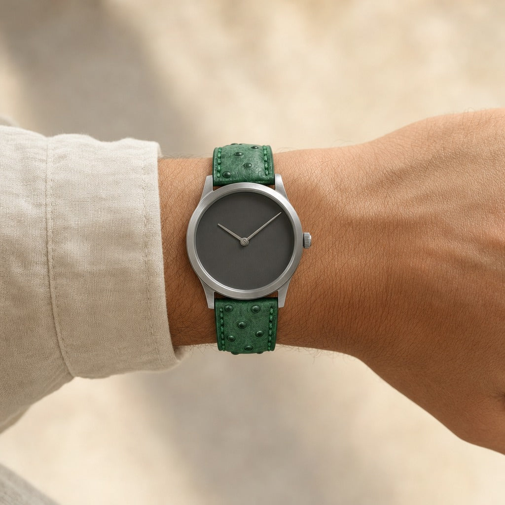 Jade Green Ostrich Leather Watch Strap worn on the wrist