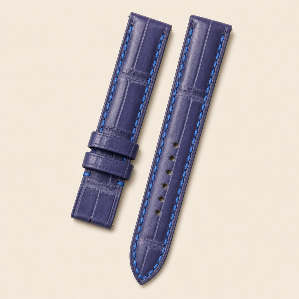 Light Blue Alligator Leather Watch Strap leather watch strap, flat lay