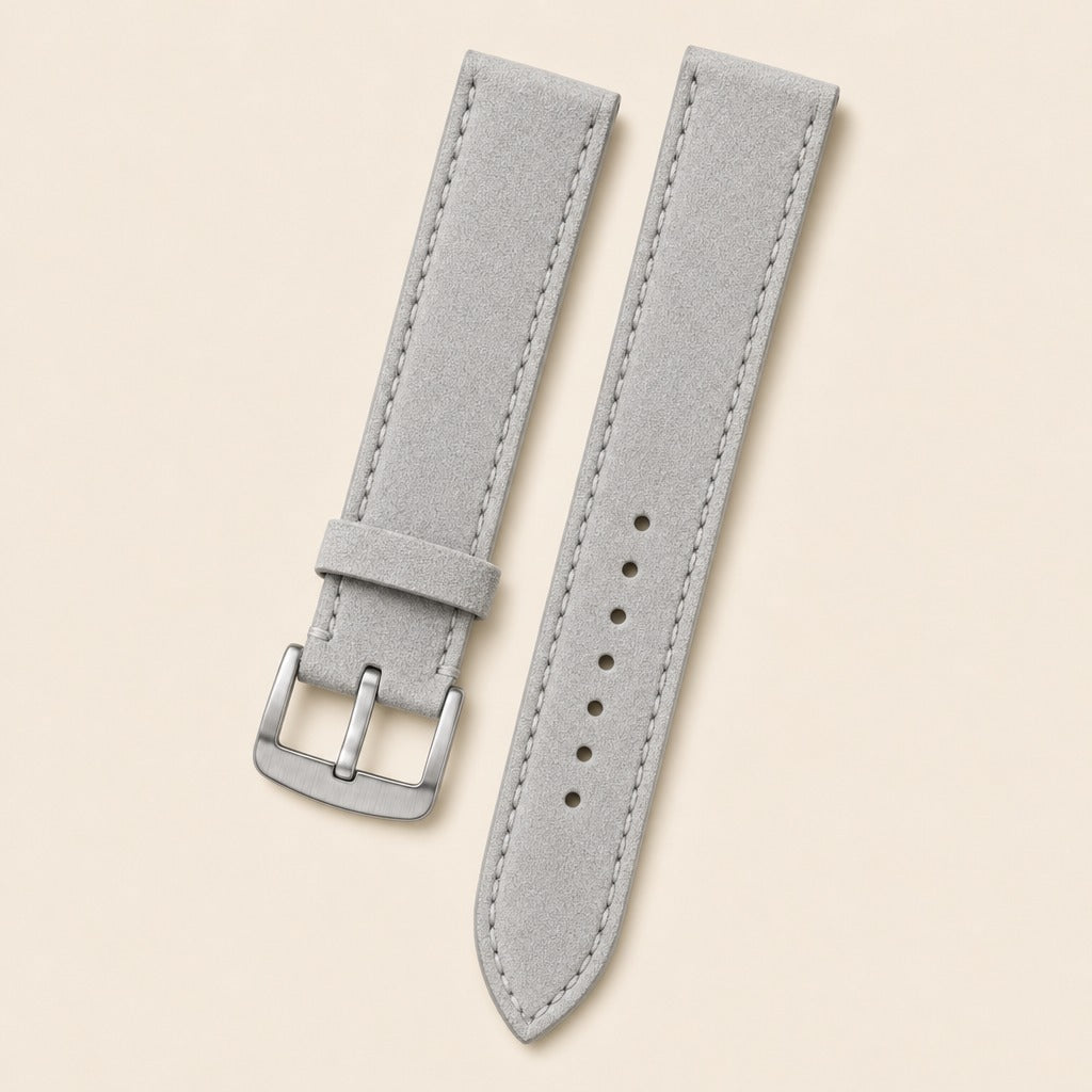 Light Gray Suede Leather Watch Strap leather watch strap, flat lay