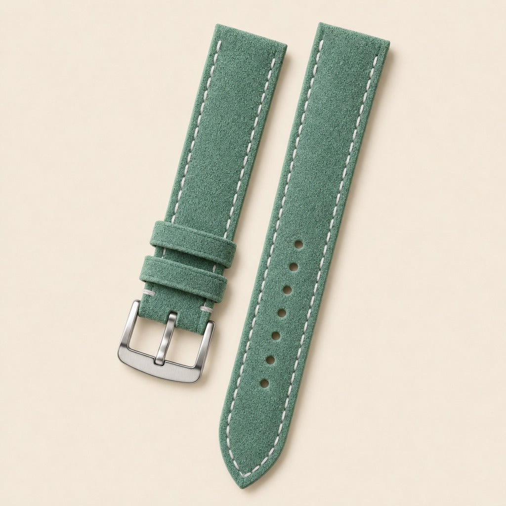 Light Green Suede Leather Watch Strap leather watch strap, flat lay
