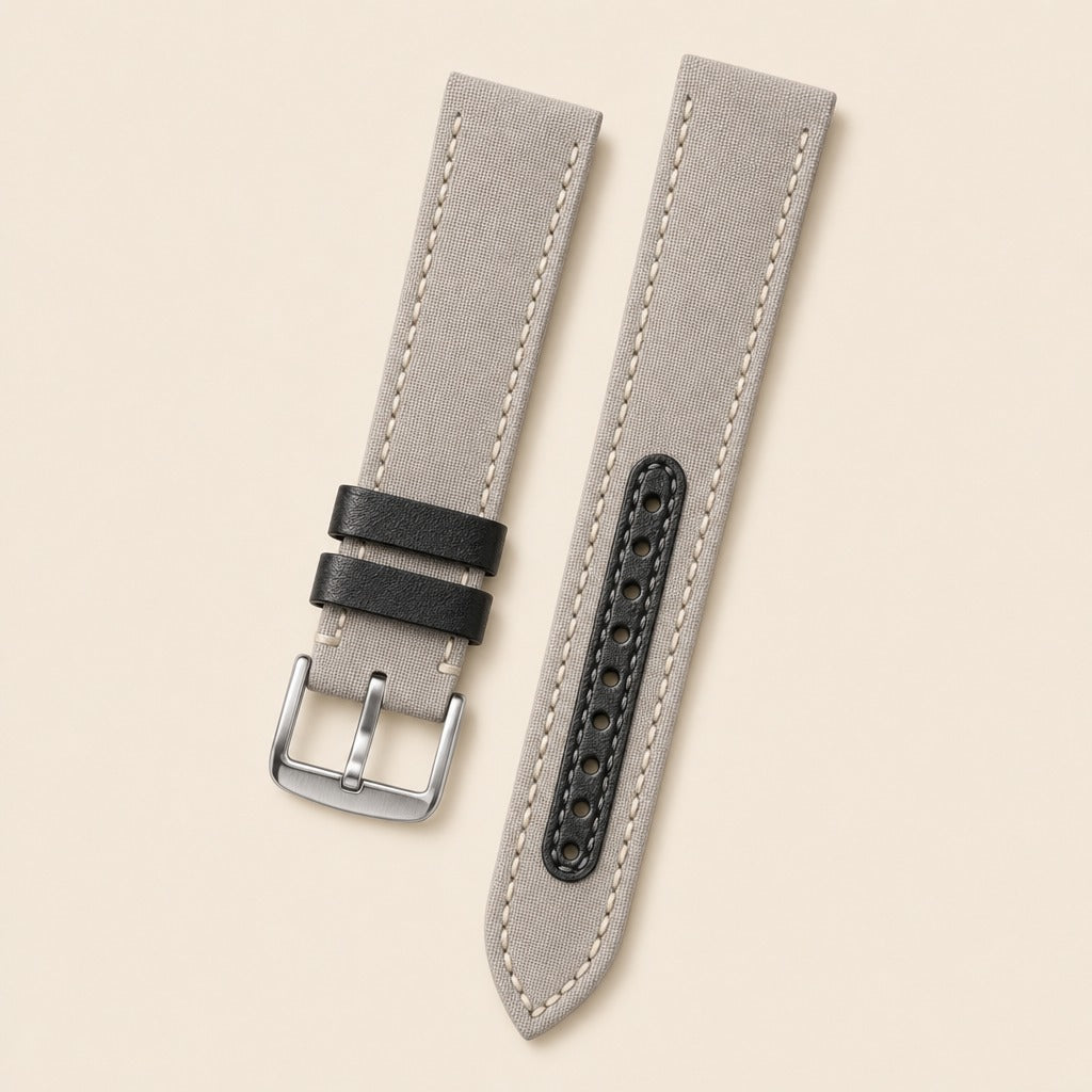 Light Grey Canvas Watch Strap leather watch strap, flat lay