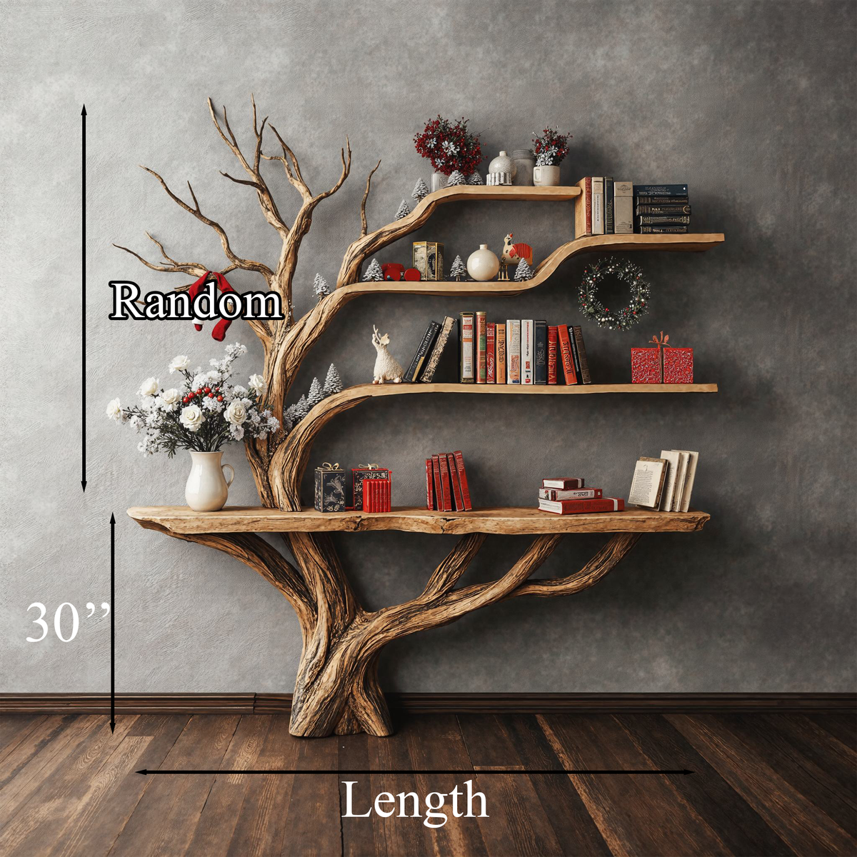 Narrow Floating Live Edge Console Table with Tree Branch Bookshelf - view 6