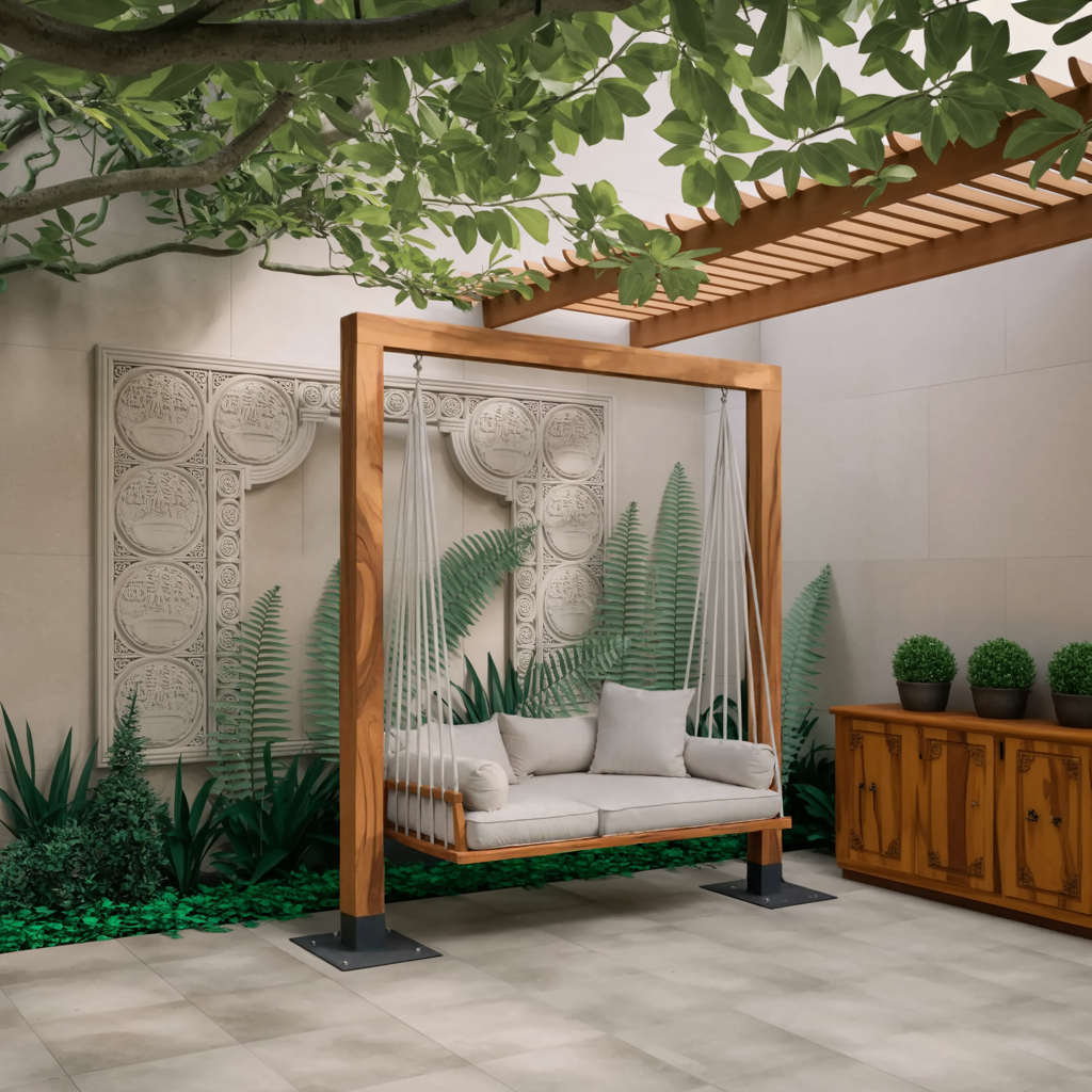 Solid Wood Freestanding Outdoor Daybed Swing with Rope Suspension - view 2