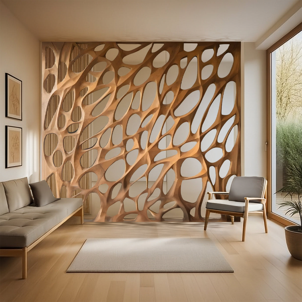 Modern Organic Solid Wood Room Divider with Cellular Openings - view 3