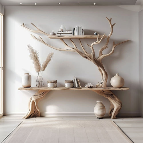 Driftwood Narrow Console Table with Tree Branch Bookshelf Base
