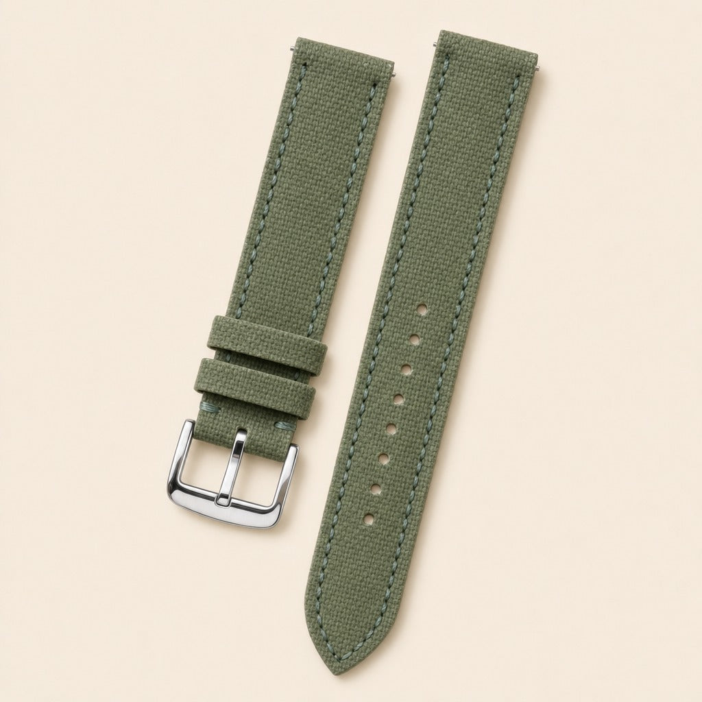 Moss Green Canvas Watch Strap leather watch strap, flat lay