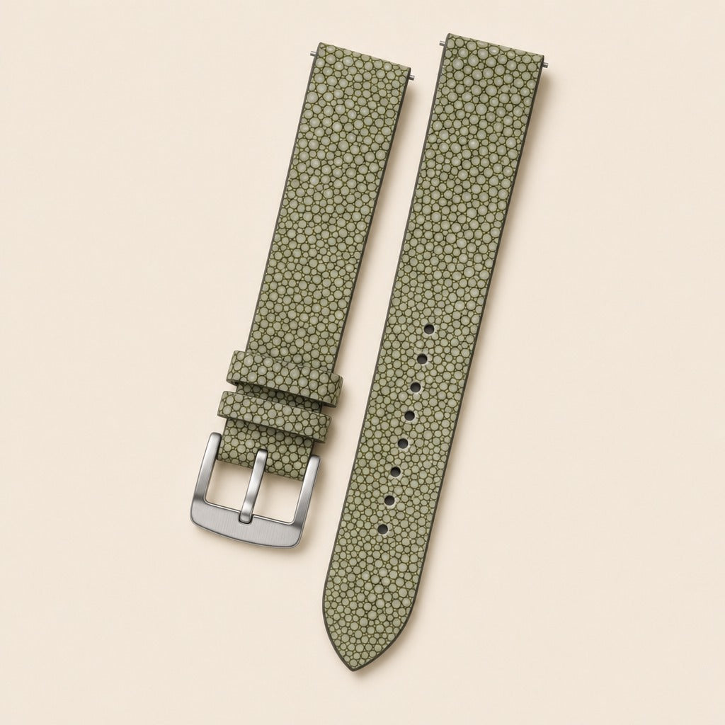Moss Green Stingray Leather Watch Strap leather watch strap, flat lay