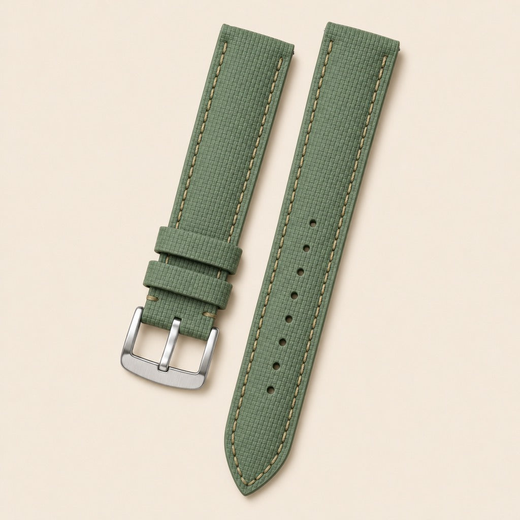 Moss Sailcloth Rubber Watch Strap leather watch strap, flat lay