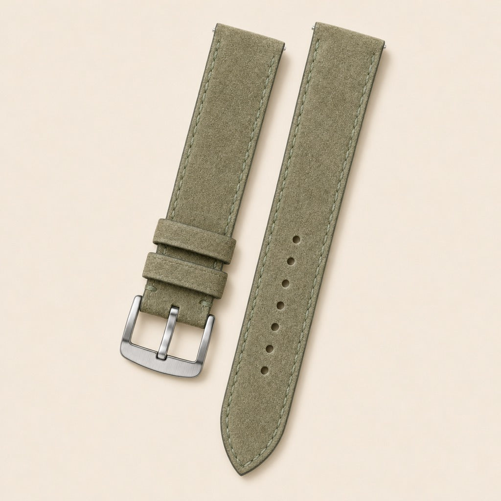 Moss Suede Leather Watch Strap leather watch strap, flat lay