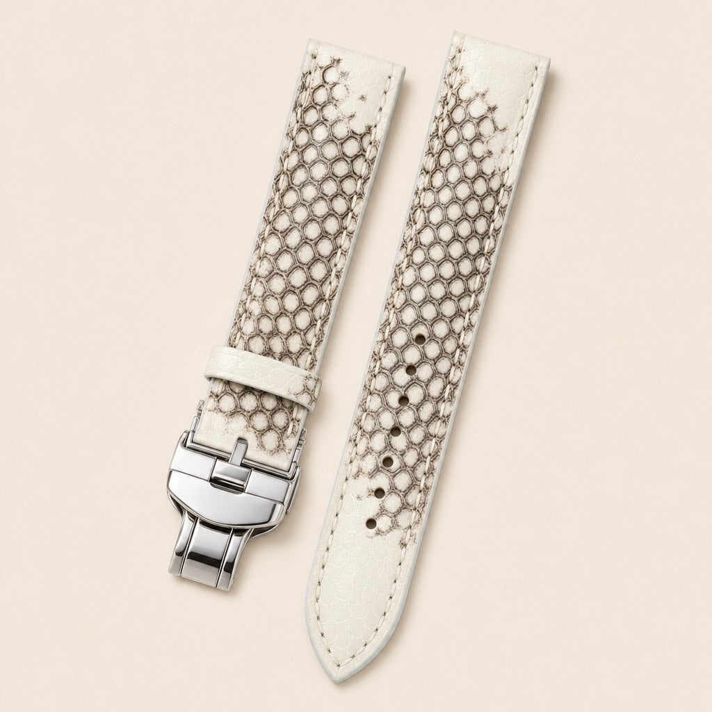 Natural White Python Leather Watch Strap leather watch strap, flat lay