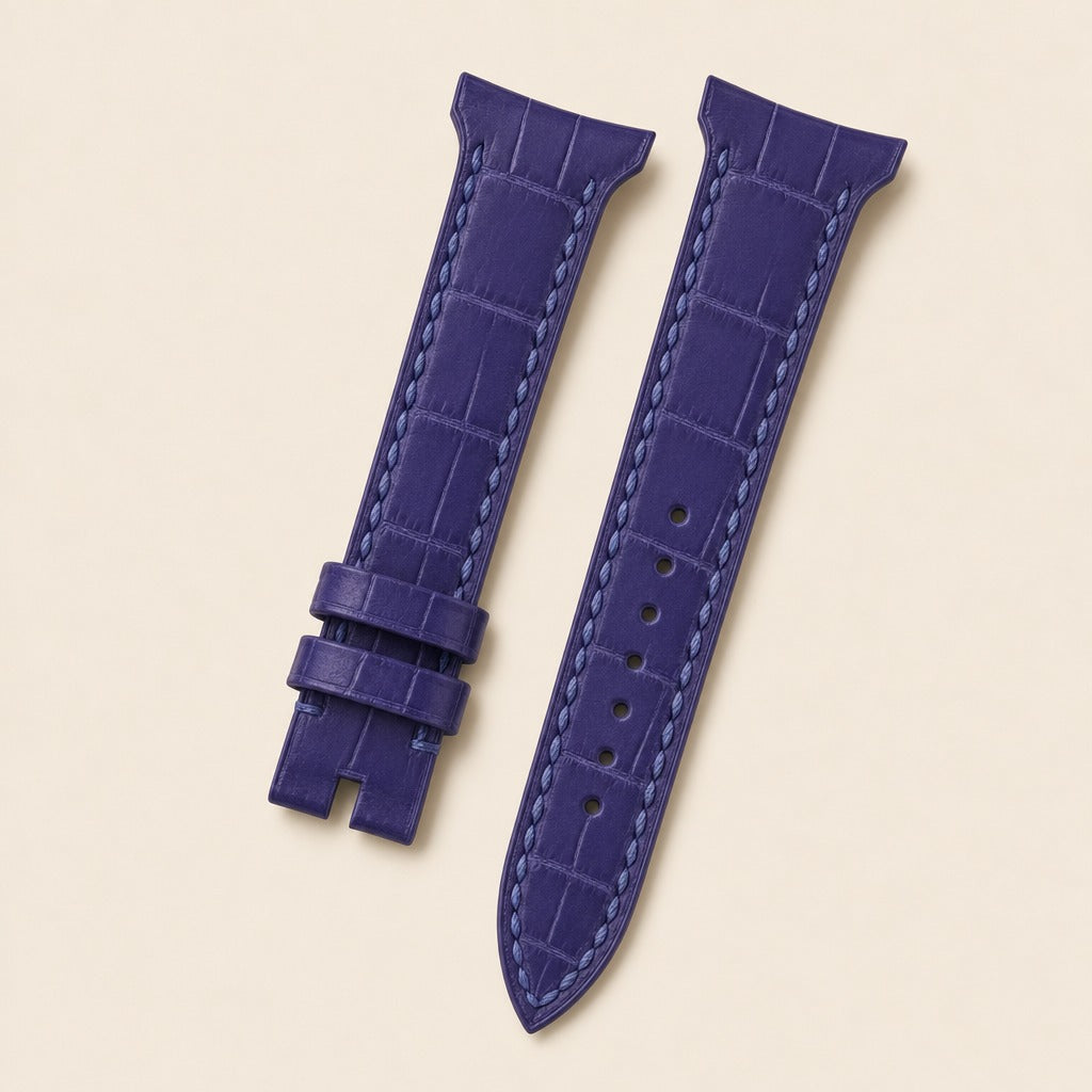 Navy Blue Alligator Wings Cut Leather Watch Strap leather watch strap, flat lay
