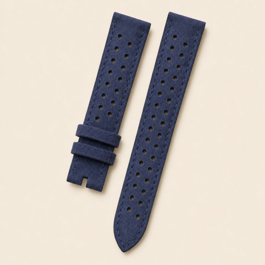 Navy Blue Rally Suede Leather Watch Strap leather watch strap, flat lay