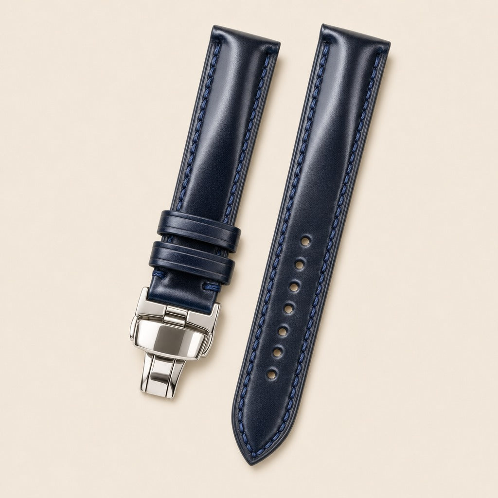 Navy Blue Shell Cordovan Leather Watch Strap leather watch strap, flat lay