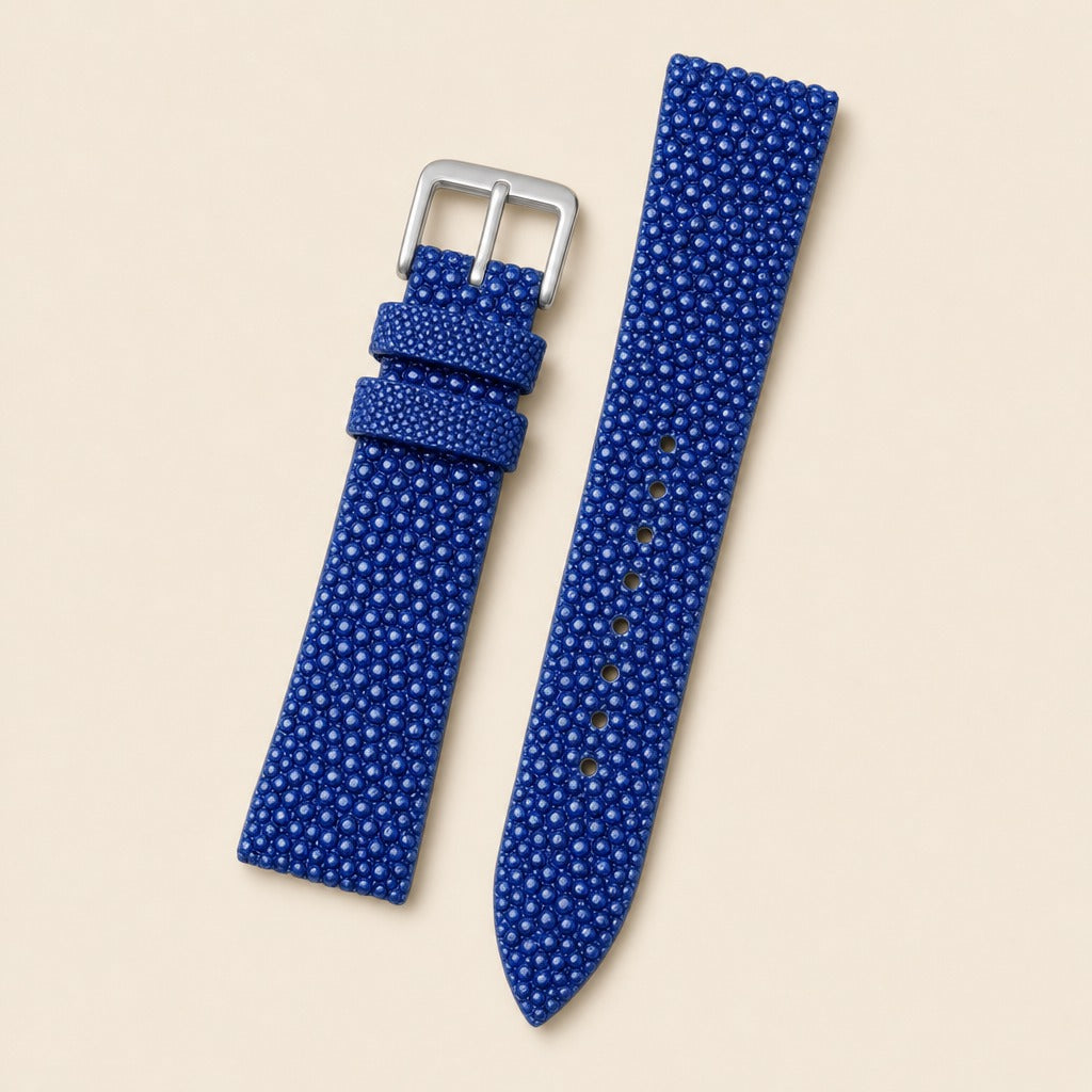 Navy Blue Stingray Leather Watch Strap leather watch strap, flat lay
