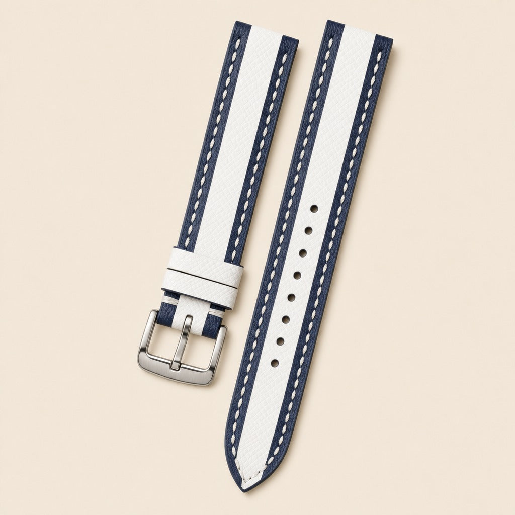Navy Epsom Leather Watch Strap leather watch strap, flat lay