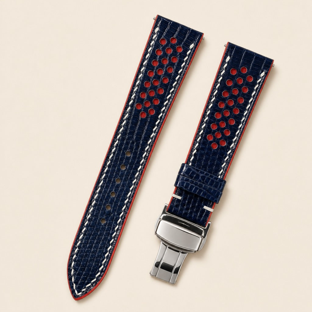 Navy Rally Racing Lizard Leather Watch Strap leather watch strap, flat lay