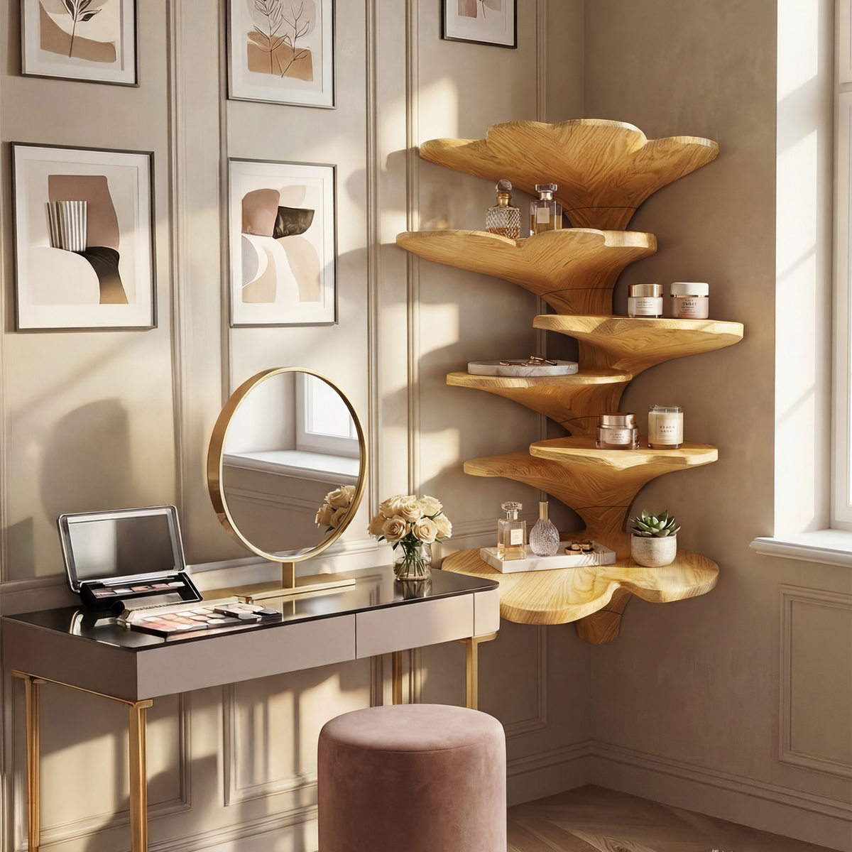 Boho Leaf-Shaped Solid Wood Corner Shelf for Nursery Walls in Oak finish