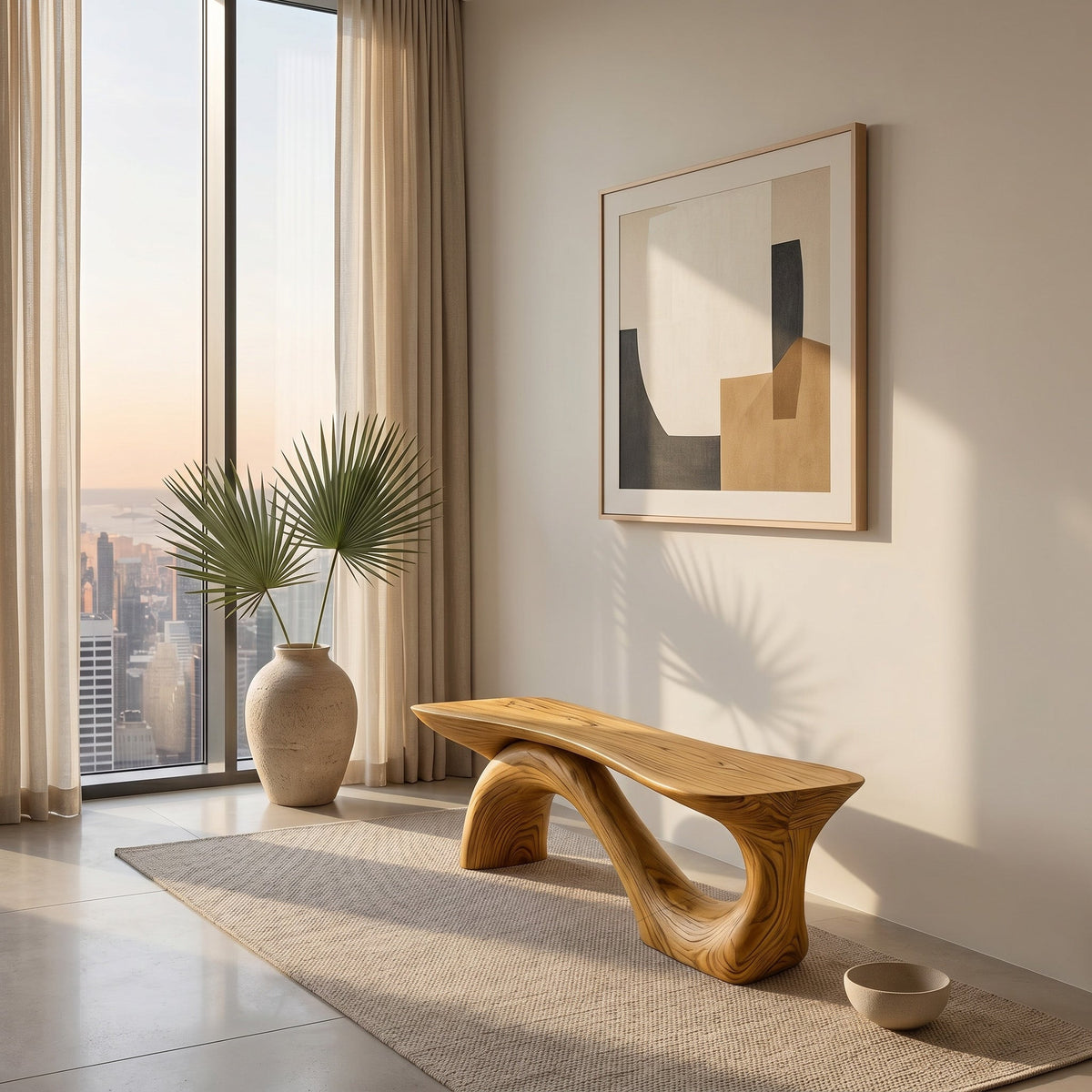 Sculptural Solid Wood Bench with Organic Curves for Living Room in Oak finish