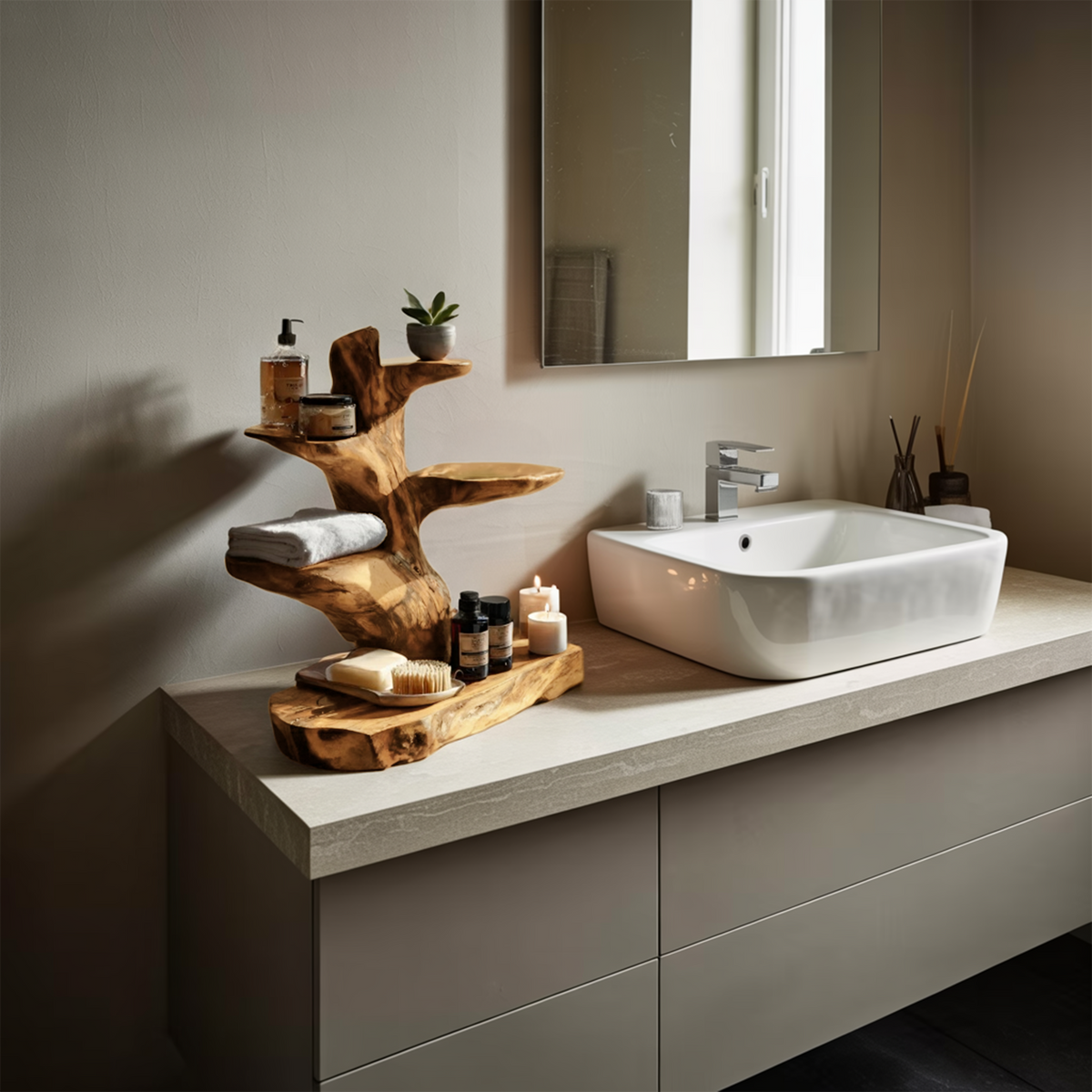 Modern Organic Solid Wood Countertop Bathroom Shelf with Tiers in Oak finish