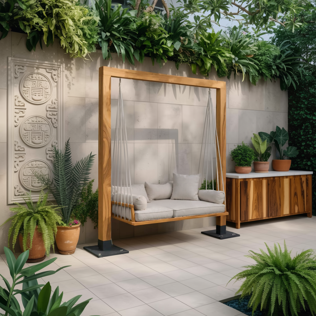 Solid Wood Freestanding Outdoor Daybed Swing with Rope Suspension in Oak finish