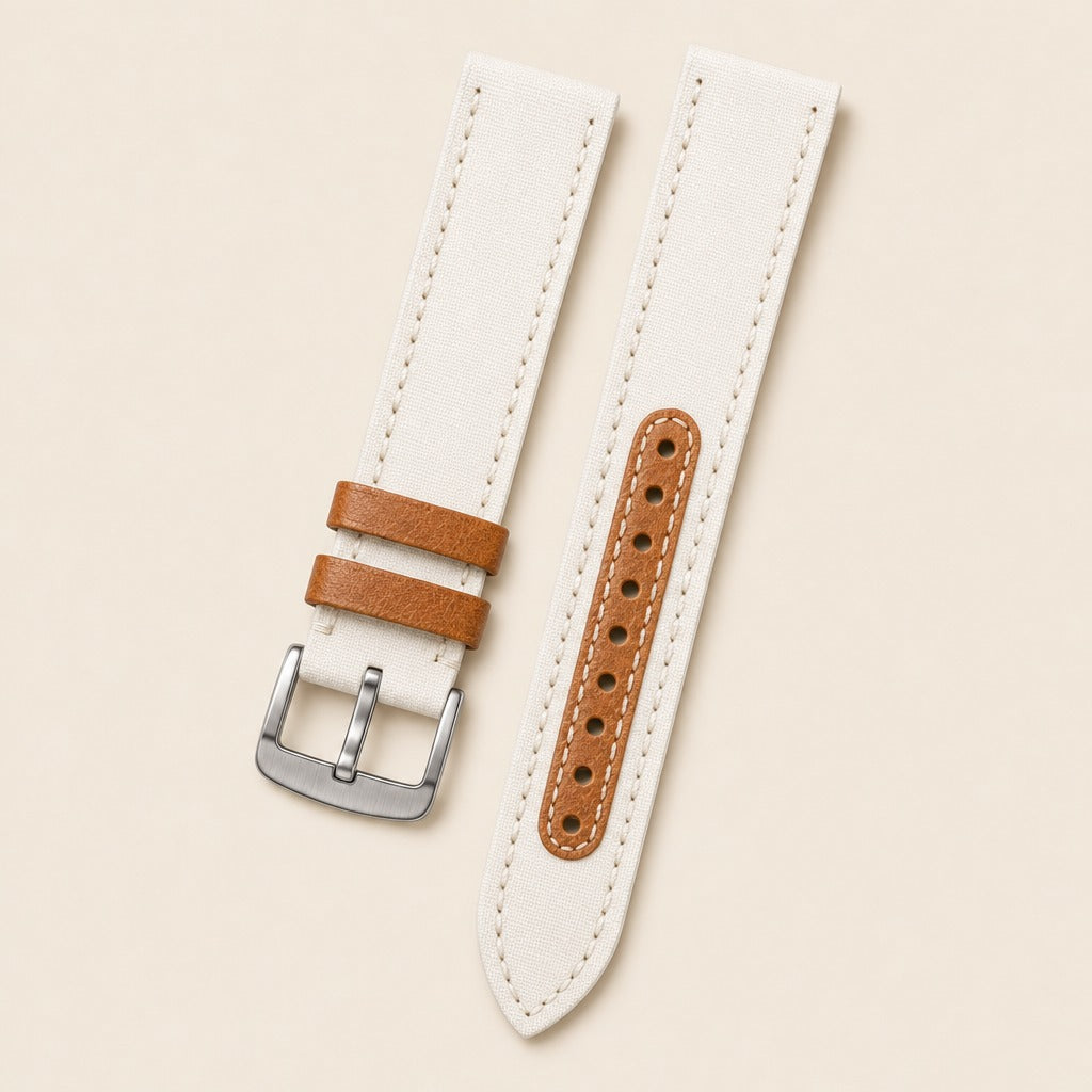 Off White & Brown Canvas Watch Strap leather watch strap, flat lay