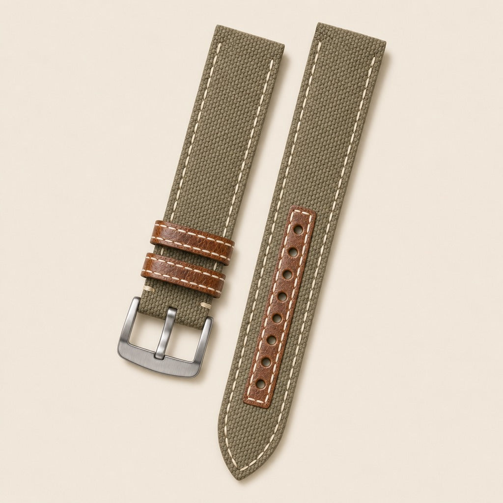 Olive Canvas Watch Strap leather watch strap, flat lay