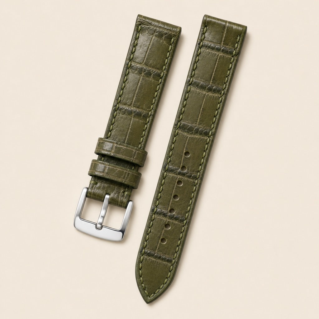Olive Green Alligator Leather Watch Strap leather watch strap, flat lay