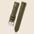 Olive Green Alligator Leather Watch Strap leather watch strap, flat lay