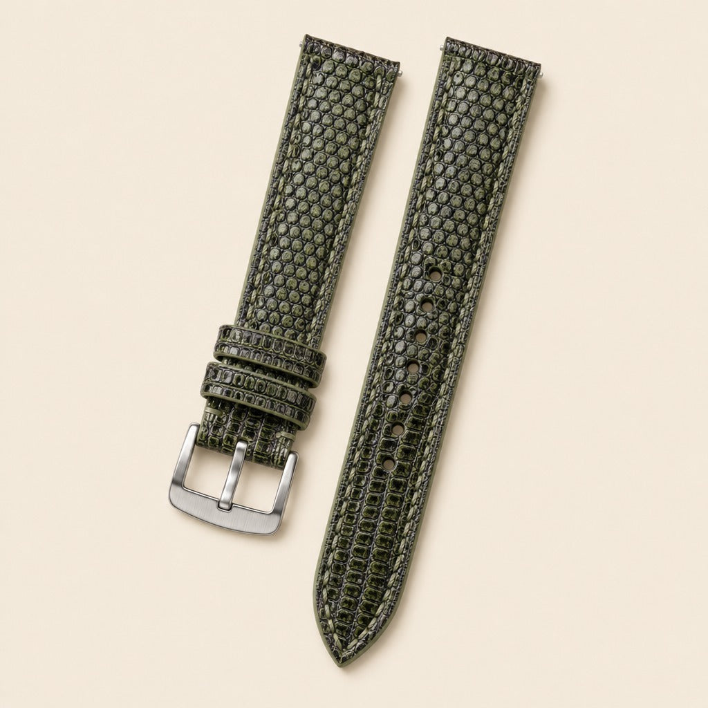 Olive Green Lizard Leather Watch Strap leather watch strap, flat lay