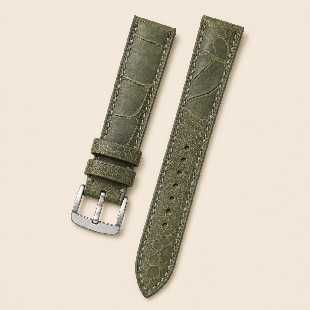 Olive Green Ostrich Leg Leather Watch Strap leather watch strap, flat lay