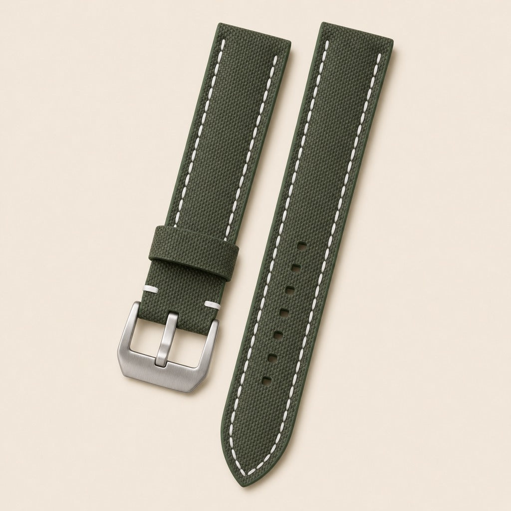 Olive Green Sailcloth Rubber Watch Strap leather watch strap, flat lay