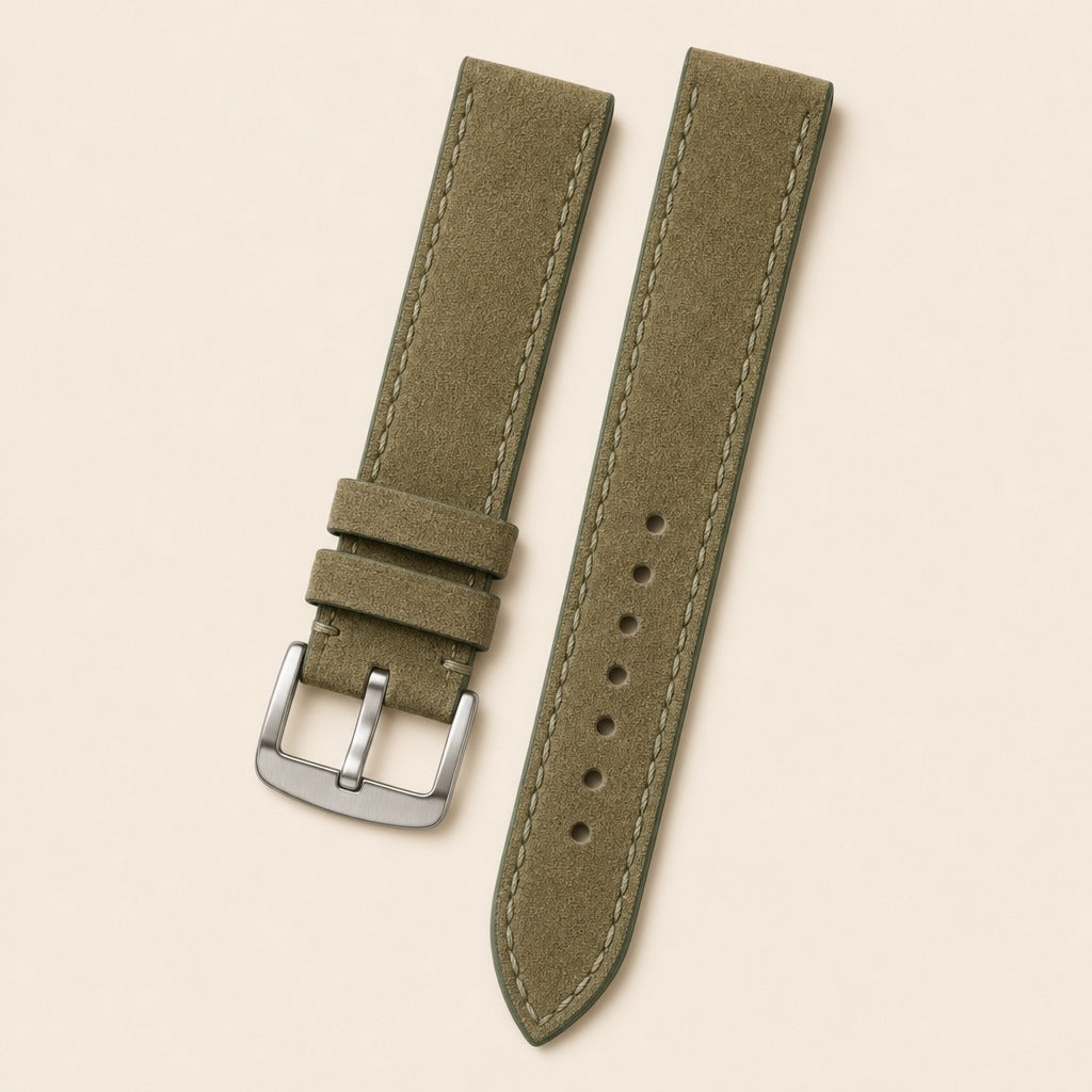 Olive Green Suede Leather Watch Strap leather watch strap, flat lay