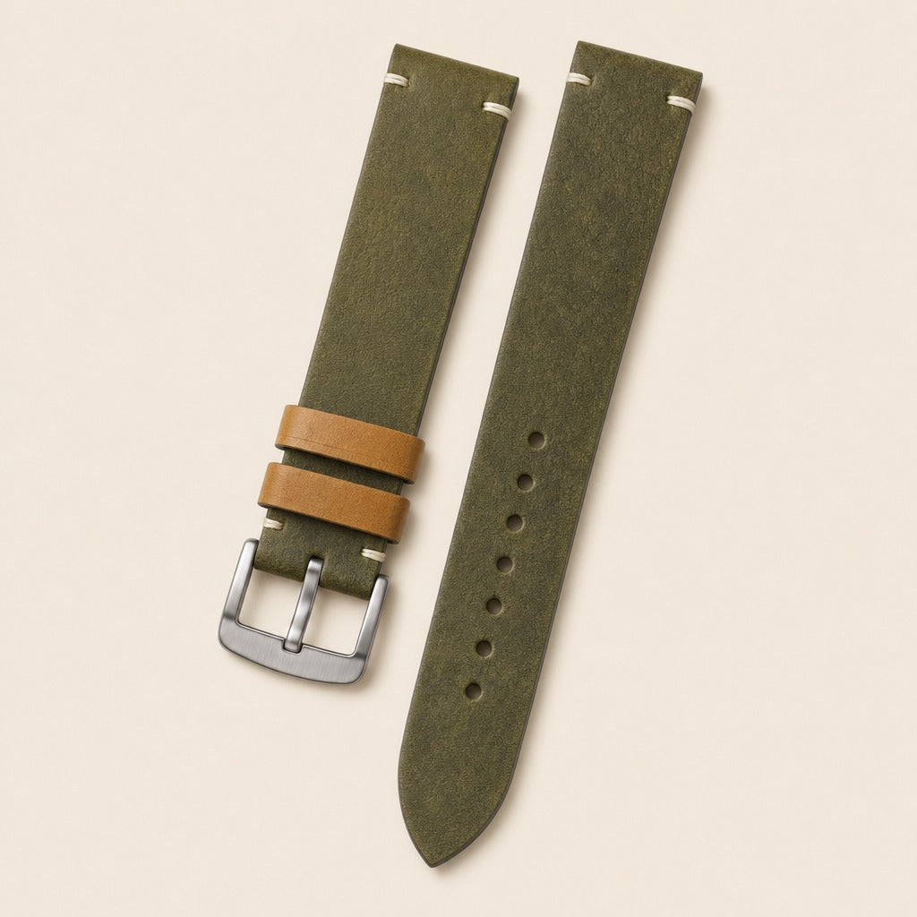Olive Green Waxed Leather Watch Strap leather watch strap, flat lay