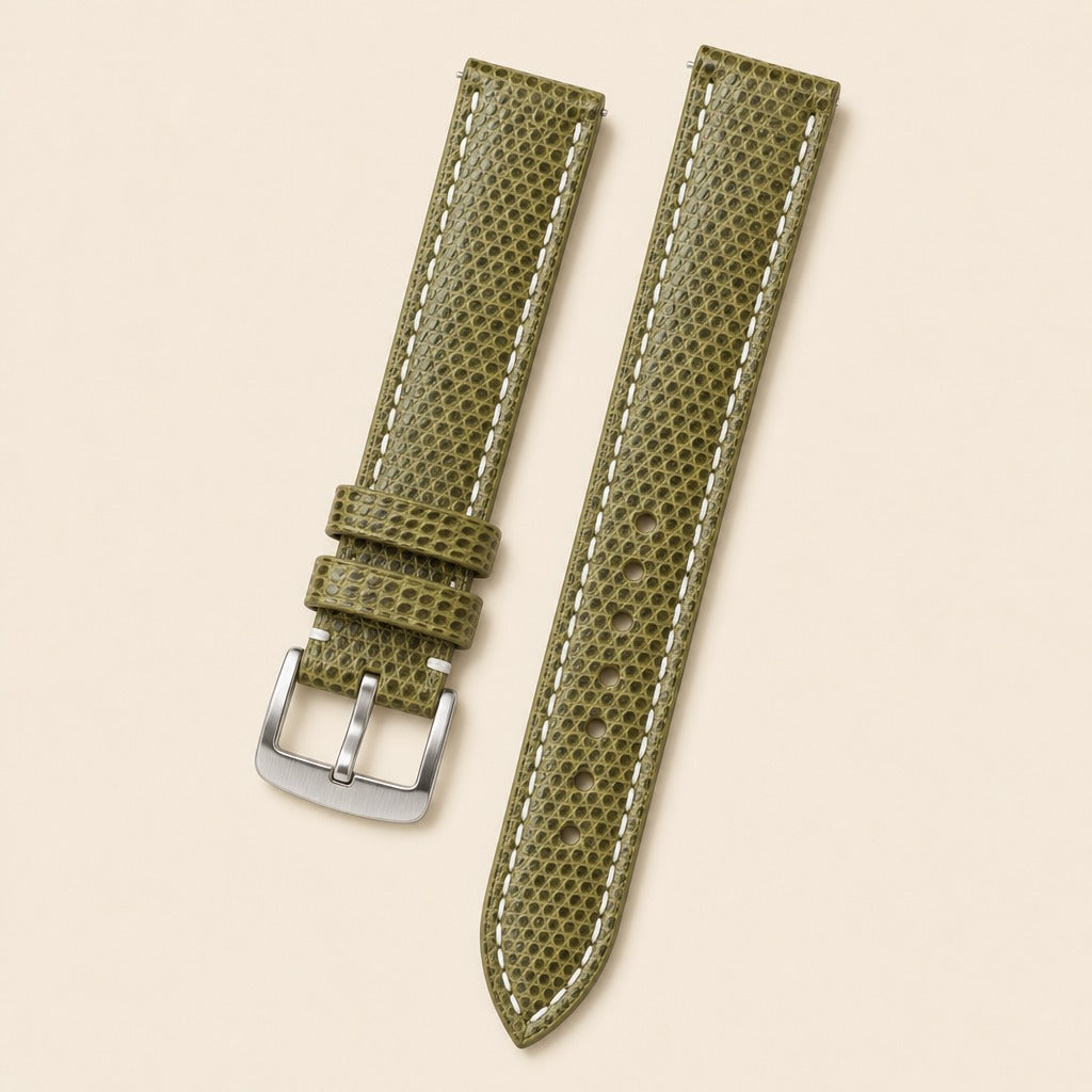 Olive Lizard Leather Watch Strap leather watch strap, flat lay