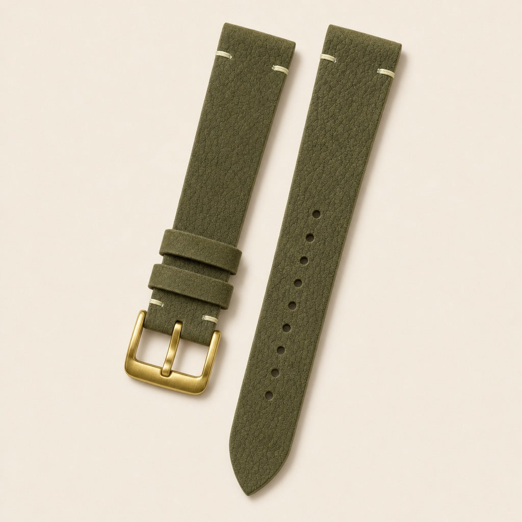 Olive Nubuck Leather Watch Strap leather watch strap, flat lay