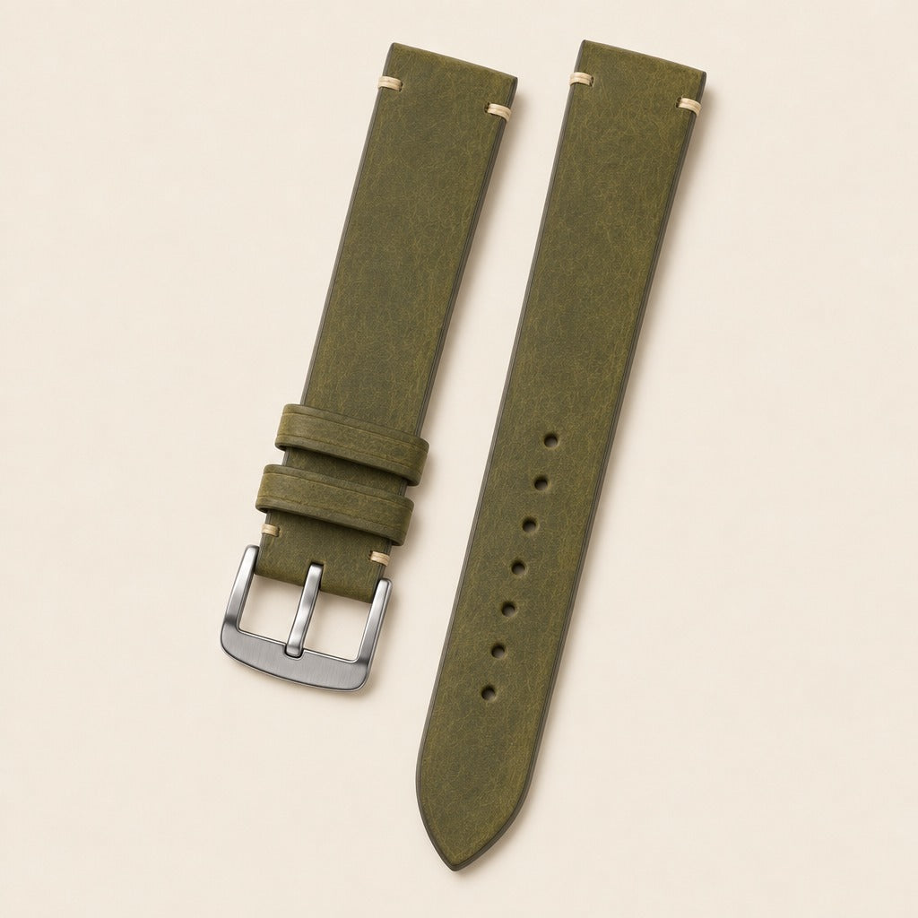 Olive Pueblo Leather Watch Strap leather watch strap, flat lay